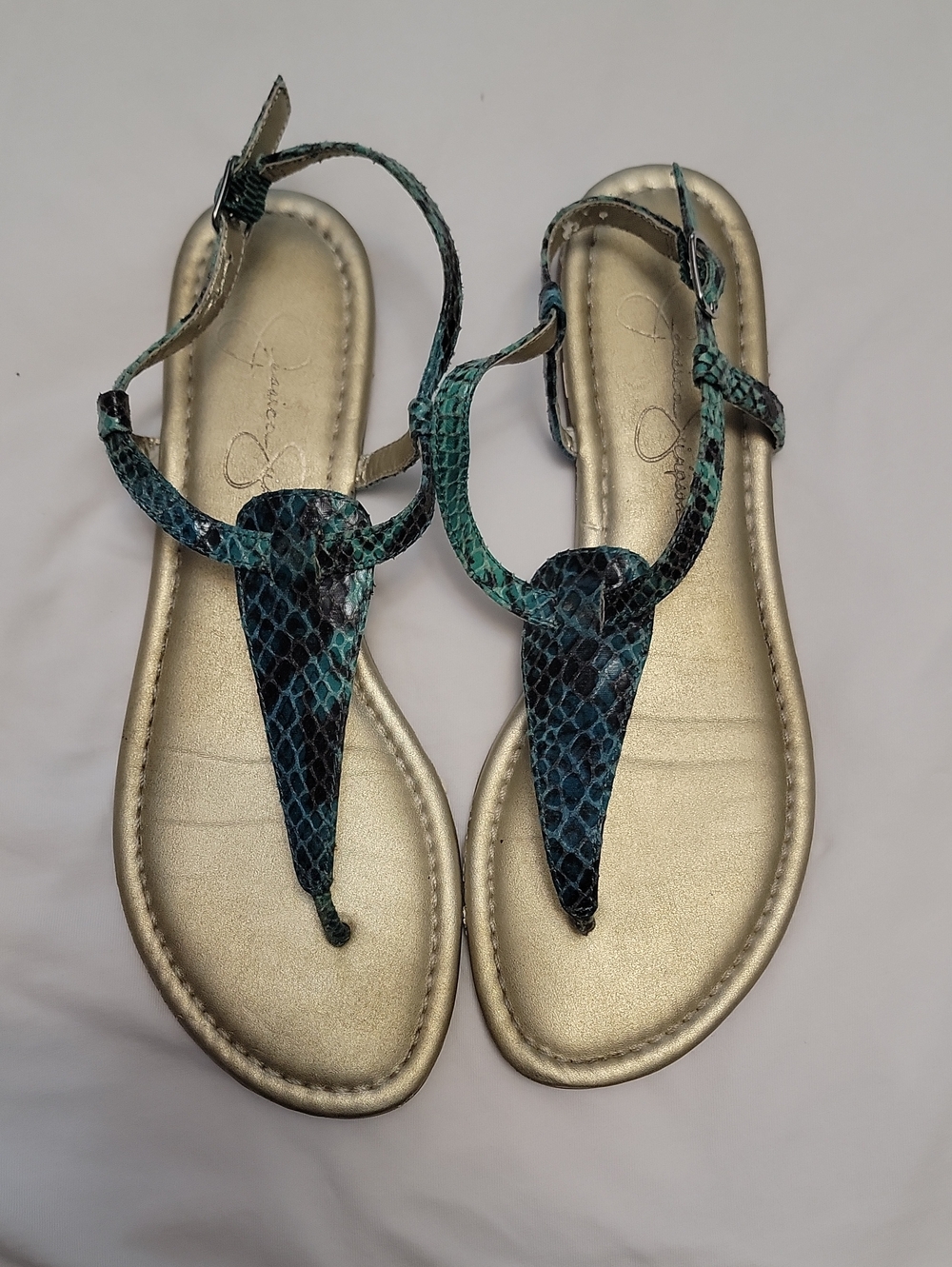 Jessica Simpson Teal Snakeskin T-Strap Sandals with Gold Footbed